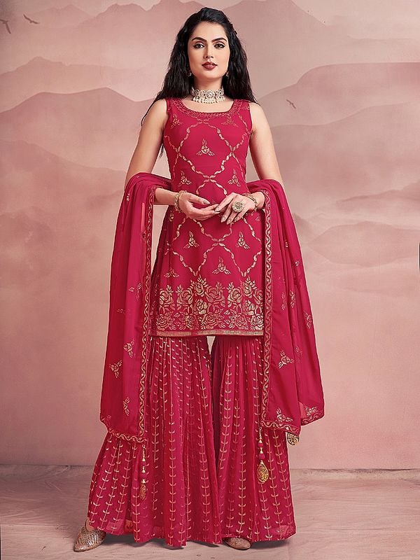 Pink Georgette Floral Pattern Sharara Suit With Sequins Work With Dupatta
