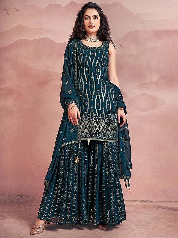 Rama-Green Georgette Sharara Suit Set With Sequins Work And Matching Dupatta
