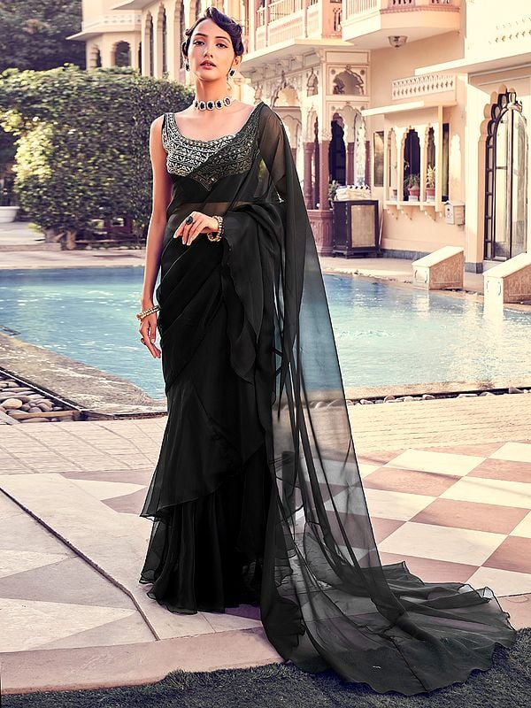 Solid Black Ruffled Georgette Saree with Floral Sequin-Thread Embroidered Organza Blouse
