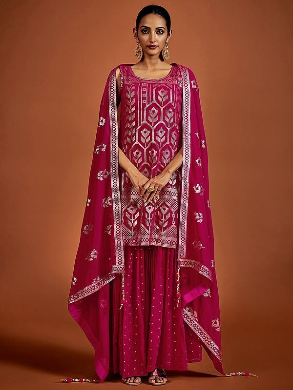 Pink Georgette Floral Sequins Embroidered Sharara Suit And Latkan Dupatta