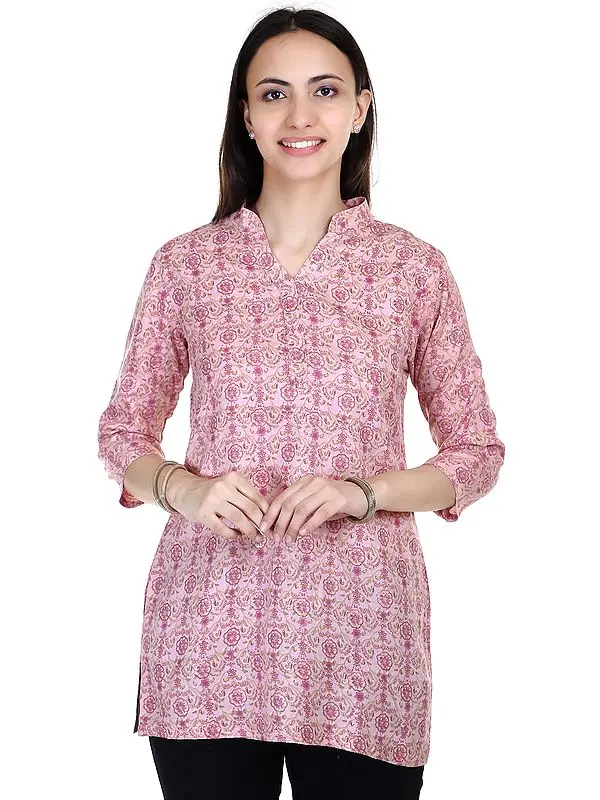 Cotton Handblock Printed Pink Short Kurti