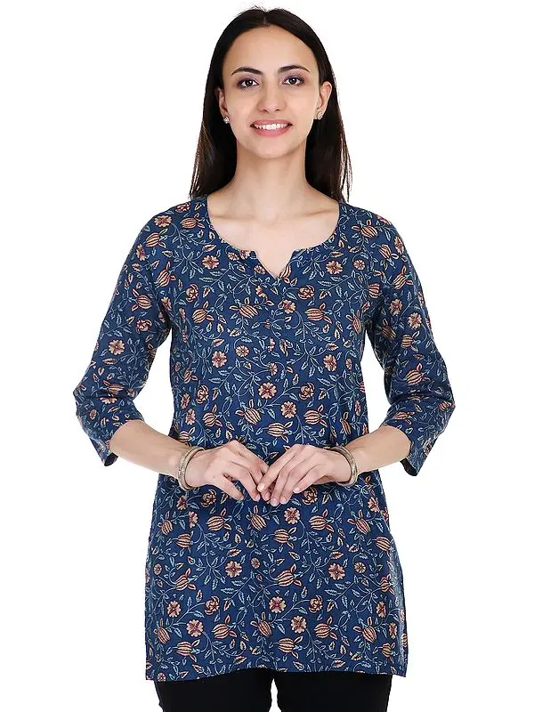 Handblock Printed Blue Floral Vine Pattern Cotton Kurti