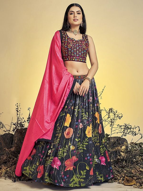 Chinon Silk Hibiscus Floral Printed Lehenga and Sequins Work Art Silk Choli with Soft Net Dupatta