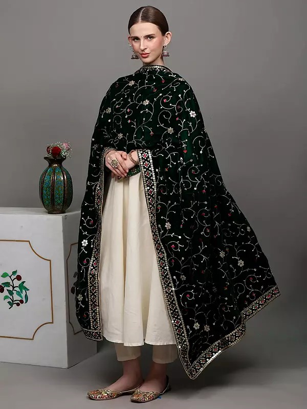 Velvet Dupatta with Zari and Sequinned Flower Embroidered Bail from Amritsar