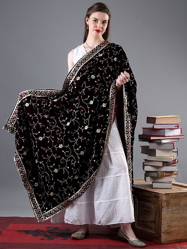 Velvet Dupatta with Zari and Sequinned Flower Embroidered Bail from Amritsar