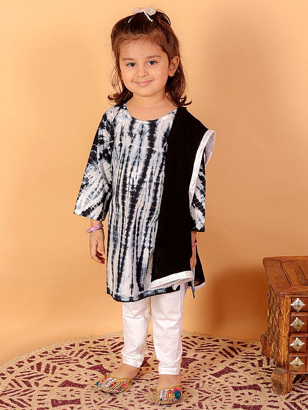 Pure Cotton Tie-Dye Kurta With White Leggings And Dupatta