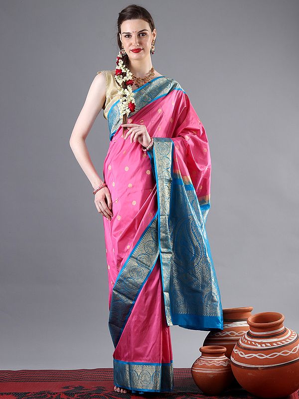 Dual Shaded Rich Banarasi Silk Saree with All Over Brocaded Floral Motif and Bail Pattern on Broad Zari Border