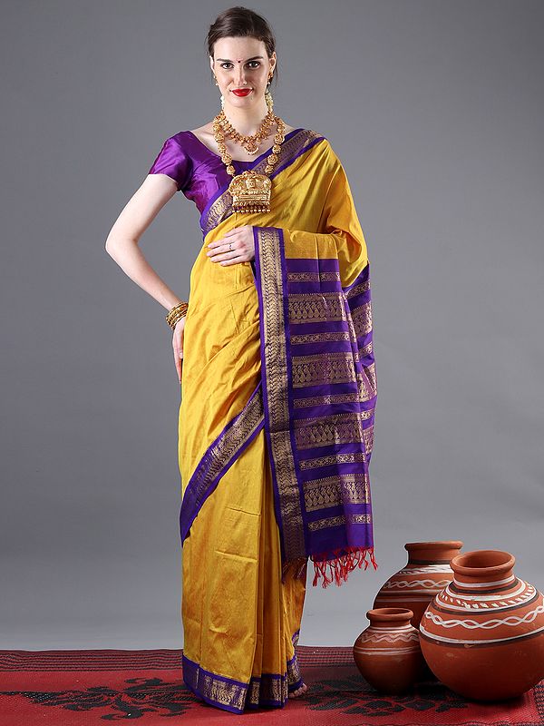 Canary-Yellow Art Silk Saree with Zari Woven Peacock Motif on Contrast Purple Pallu and Border from Tamilnadu