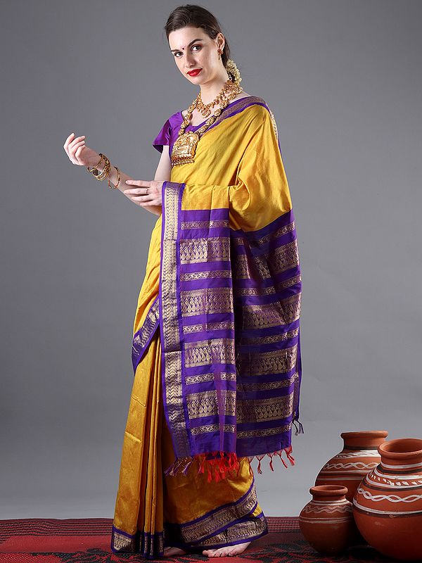 Tawny Port Purple and Yellow Chiffon Saree With Printed Blouse – MySilkLove