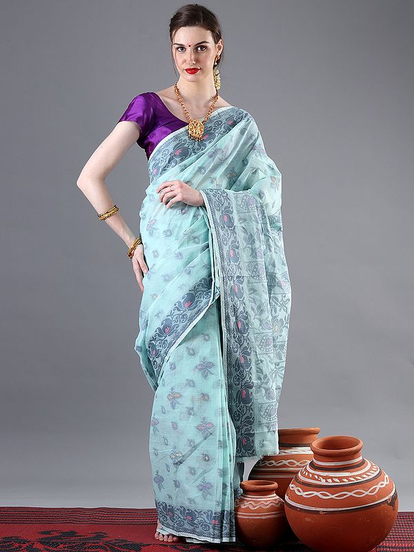 Mint-Green Taant Cotton Saree With Floral Bail Meenakari Pallav And Broad Border From West Bengal