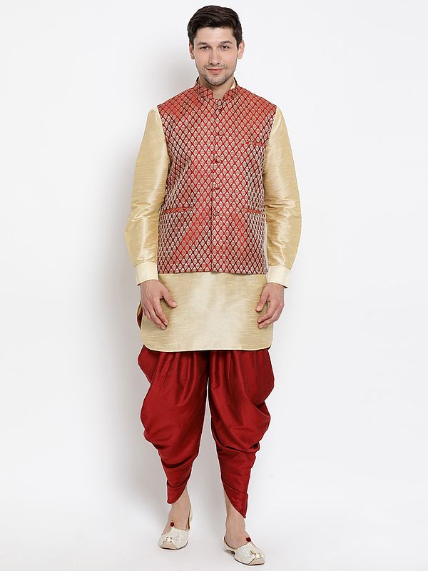 Silk Blend Mid-Length Kurta And Banarasi Brocade Woven Jacquard Modi Jacket With Cotton Blend Dhoti