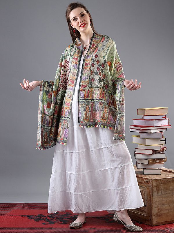 Fine Wool All-Over Digital Print And Manual Embroidery Stole With Depiction Of Raaslila