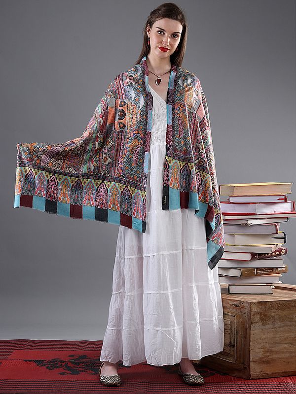 All-Over Digital Print and Manual Embroidery Fine Wool Stole with Depiction of Raj Darbar
