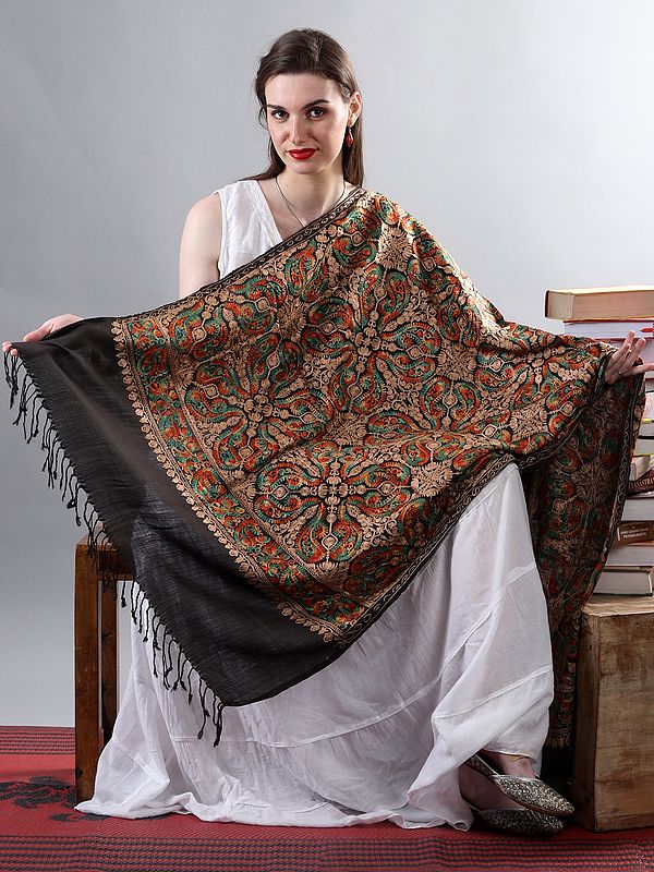 Moonless-Night Embellished Multicolor Floral-Aamra Motif Aari Embroidered Pure Wool Shawl From Kashmir
