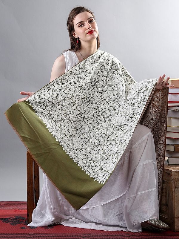 Moss-Green All-Over White Aari Embroidered Ogee Pattern Floral Motif On Pure Woolen Shawl From Kashmir