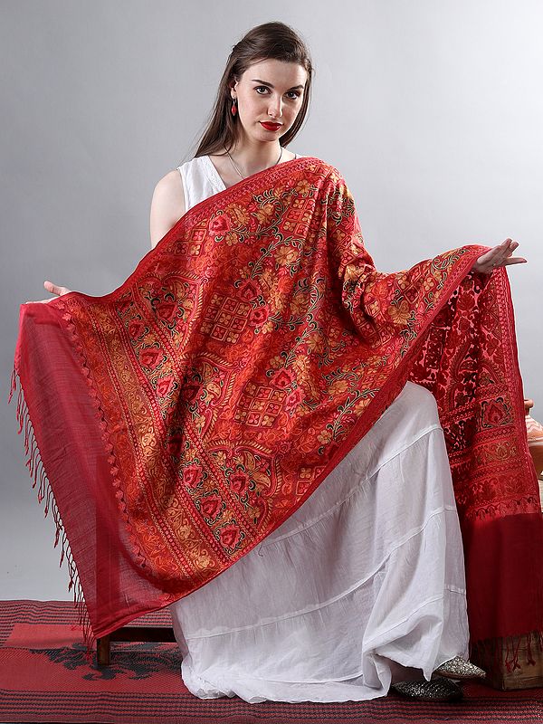 Pure Wool Embellished Shawl with Aari Embroidered Multicolor Mughal Motif