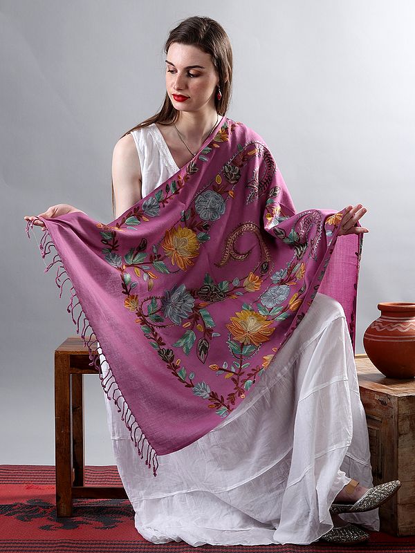 Lilac Pure Wool Shawl From Kashmir With Multicolor Aari Embroidered Bold Chrysanthemum Vine Motif