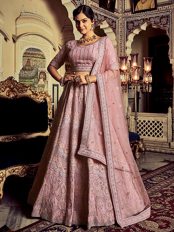 Lilac Georgette Embellished Lehenga Choli with Zarkan, Sequins, Zari Work with Soft Net Dupatta