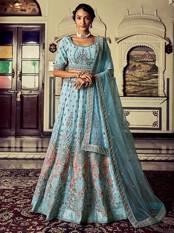 Turquoise Georgette Kalka-Floral Motif Lehenga Choli With Thread, Sequins, Zari, Zarkan Embroidery And Soft Net Dupatta