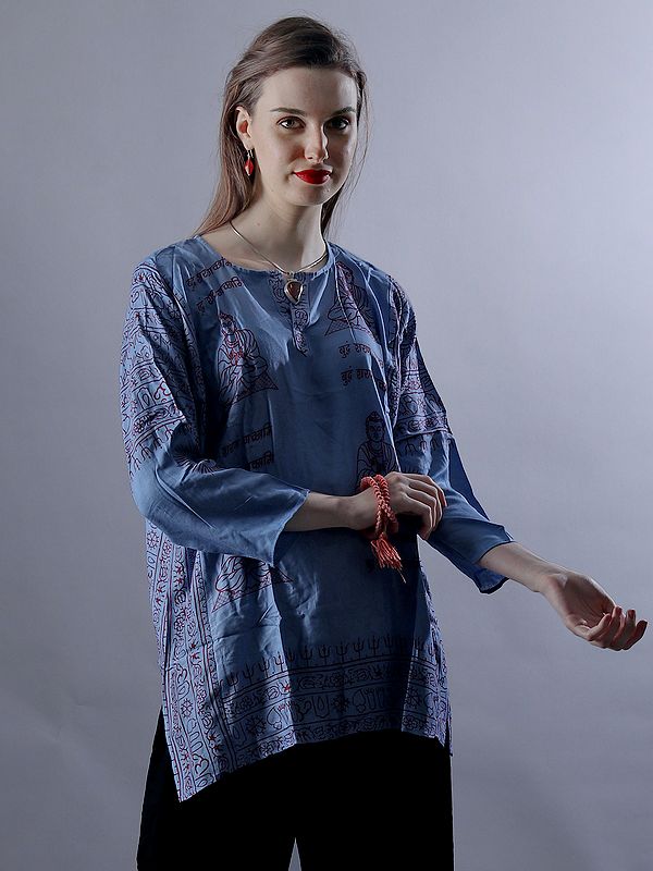Cornflower-Blue Buddha And Buddham Sharnam Gacchami Mantra Printed Short Kurti With 3/4 Sleeves
