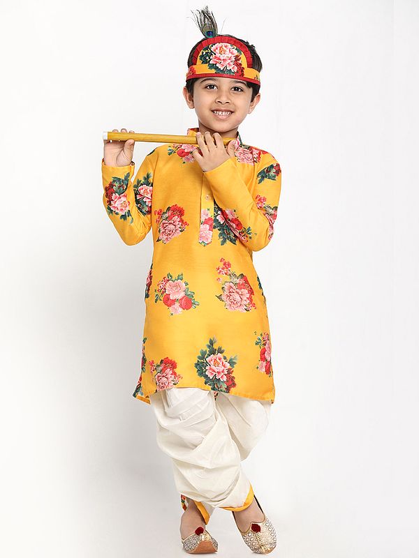 Little Krishna Dress Set Cotton Blend Digital Floral Printed Kurta With Cream Dhoti