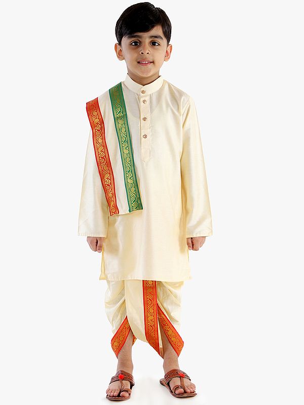 Cotton Blend Traditional South Indian Style Dhoti Kurta And Dupatta
