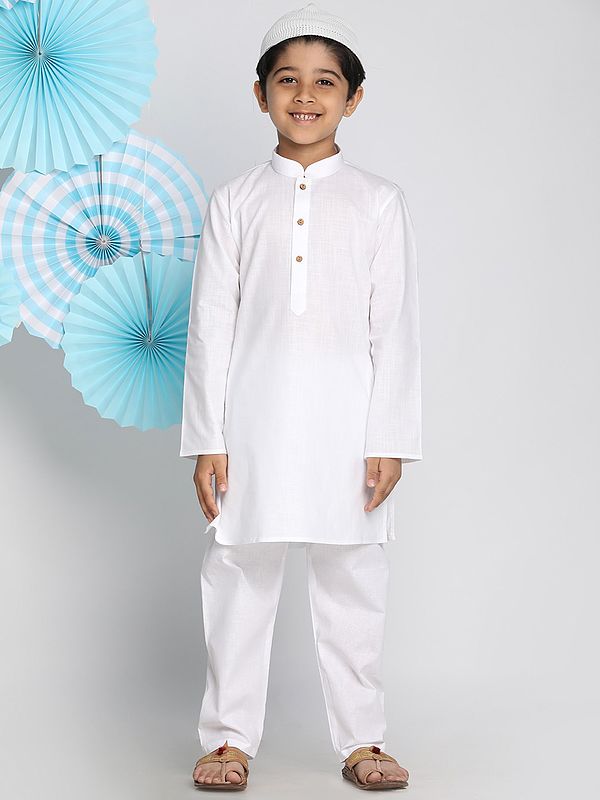Pure Cotton Plain White Kurta Pajama With Prayer Cap