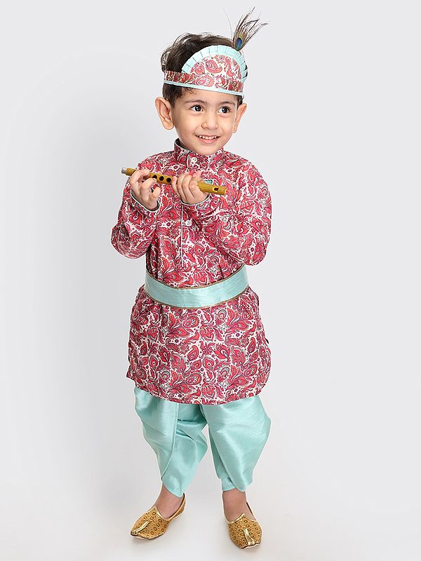 Muslin Cotton Blend Little Krishna Set Digital Printed Pink Kurta With Silk Blend Mint-Green Dhoti And Headband
