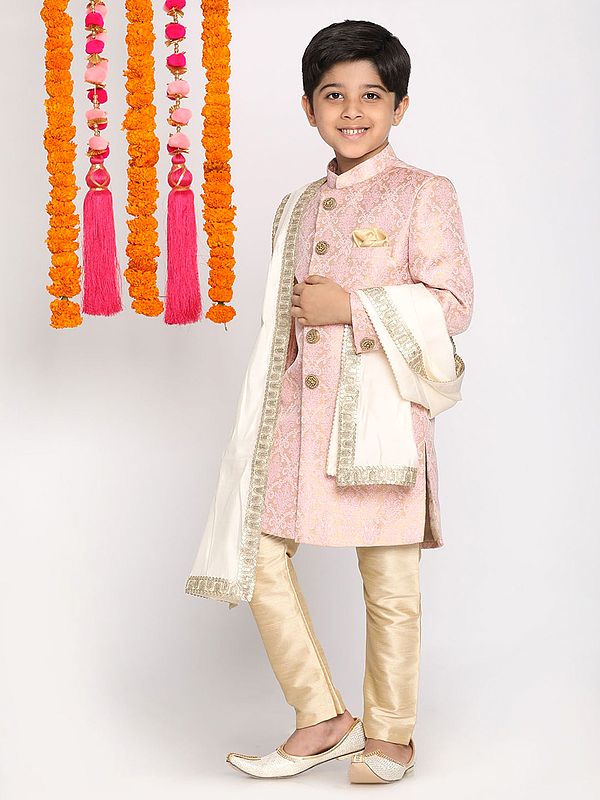 Silk Blend Pink Jacquard Sherwani Pajama Set With Cream Dupatta