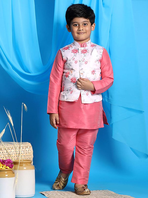 Silk Blend All-Over Floral Print Modi Jacket With Kurta Pajama