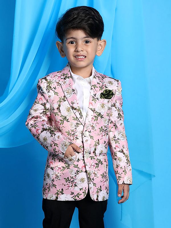 Pink Satin Twill Floral Print Blazer Exotic India Art