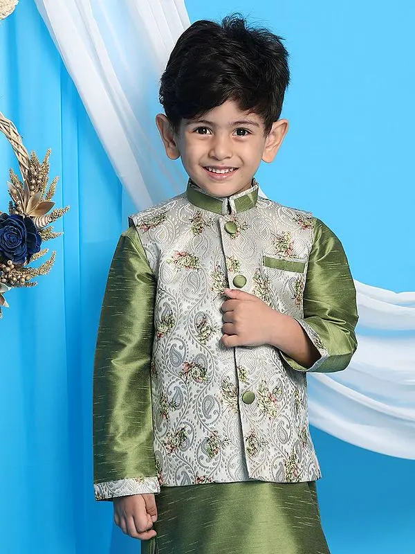 Green Silk Blend Floral Pattern Modi Jacket