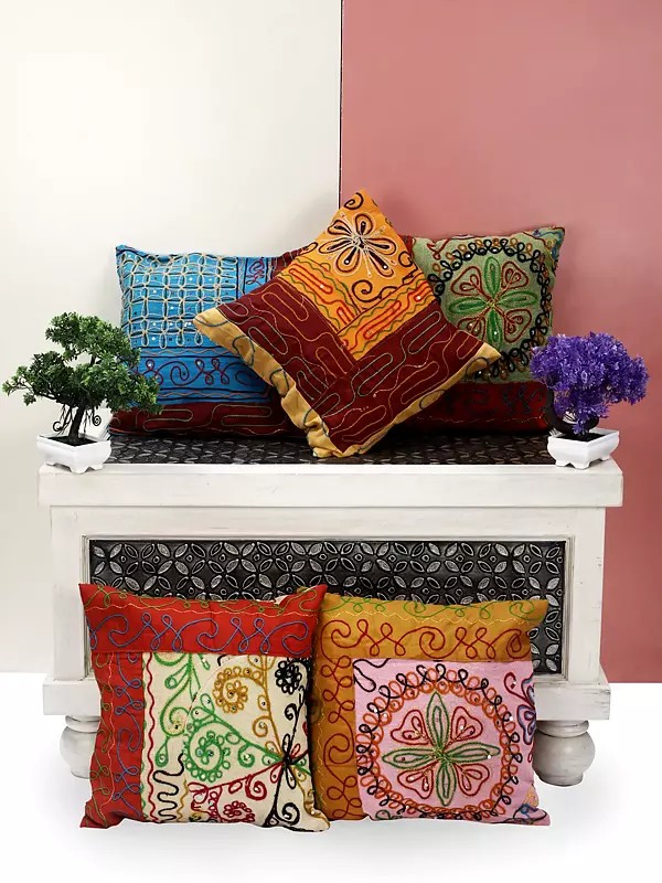 Lot of Four Cushion Covers with Rajasthani Embroidery and Sequins