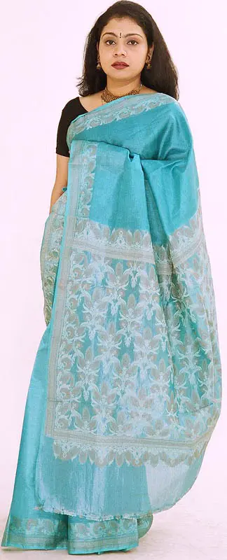 Aqua Tussar Sari with Thread Work