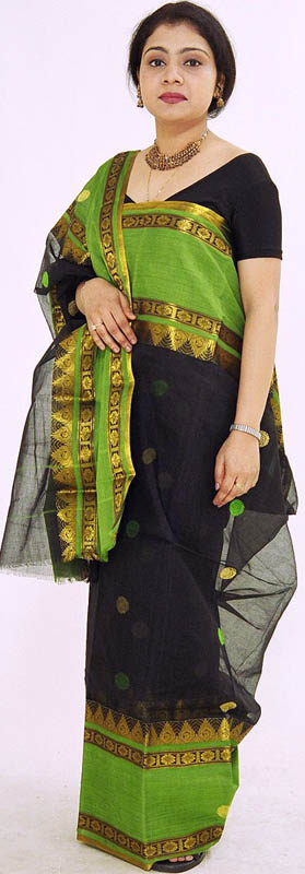 Black and Green Bengal Cotton Sari with Golden Thread Weave