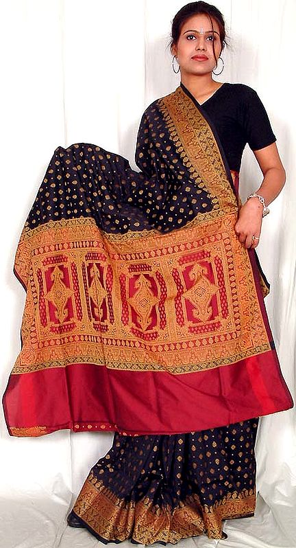 Black And Maroon Polysilk Woven Sari