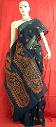 Black And Orange Kantha Stitch Sari