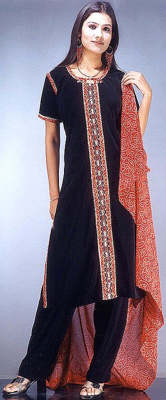 Black and Red Gujarati Suit with Bandhej Dupatta