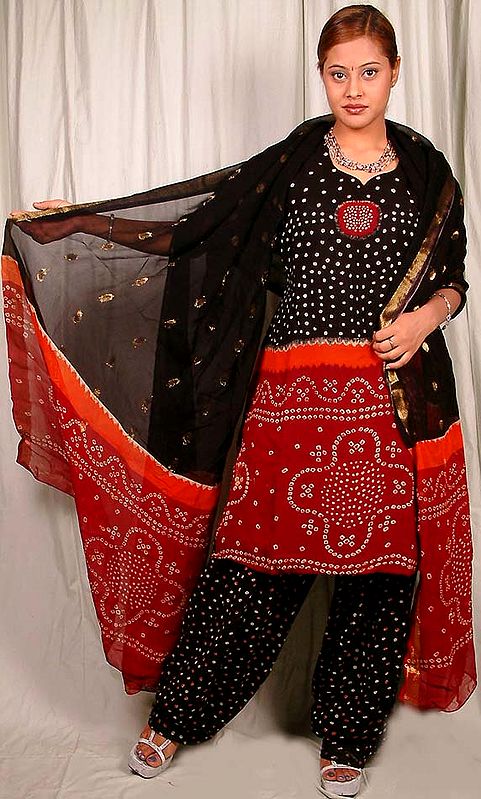 Black and Red Suit with Bandhini Motif
