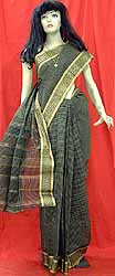 Black Bengal Cotton Sari with Checks and Zari Border
