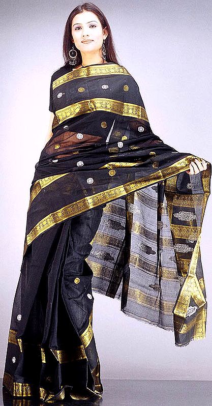 Black Bengal Cotton Sari with Golden Border and Bootis