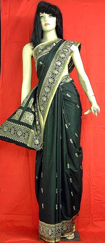 Black Cotton Silk Sari With Golden Thread Weave