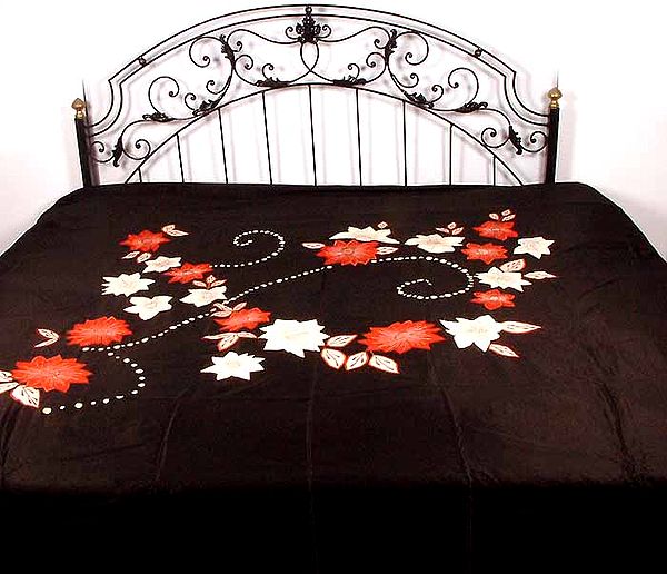 Black Glazed Cotton Bedspread with Floral Patchwork