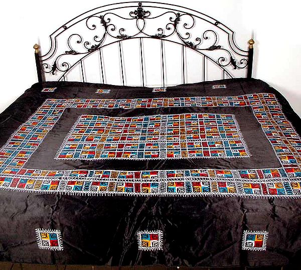 Black Glazed Cotton Bedspread with Multi-Colored Threadwork