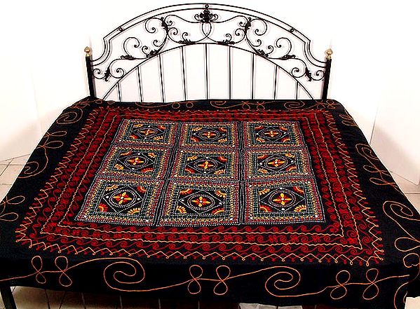 Black Gujarati Bedspread with Mirror Work and Embroidery