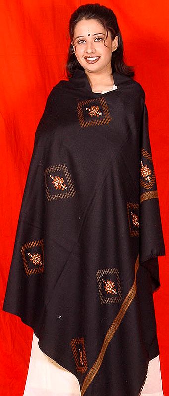 Black Kullu Shawl with Embroidery