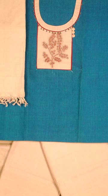 Blue and Beige Handloom Suit with Embroidery