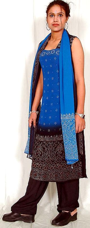 Blue and Black Suit with Bandhej Print