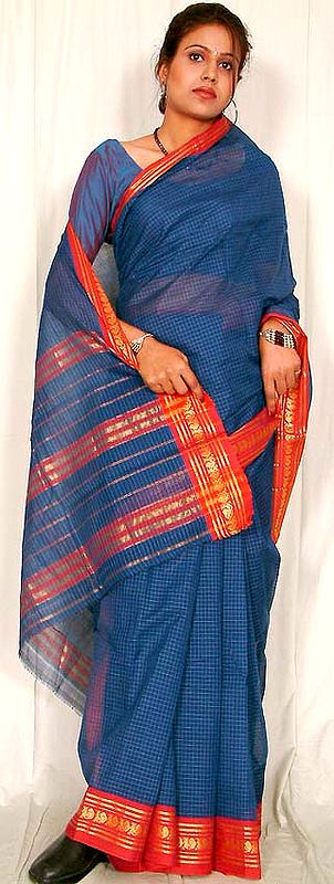 Blue And Red Venkatagiri Sari