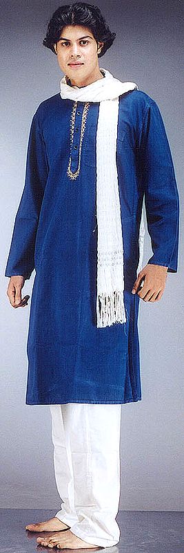 Blue and White Kurta Pajama Set with Thread Work